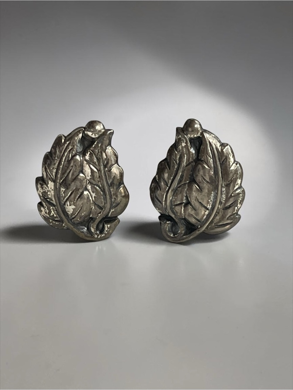 Vintage Signed Sterling Silver Leaf Screw Back Earrings